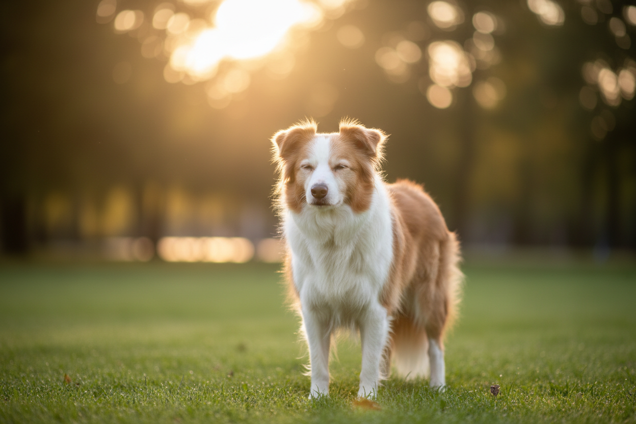 Photographie réaliste et haut de gamme d’un chien senior, race Border Collie blanc beige, pelage légèrement grisonnant, expression calme et sereine.Le chien se tient dans un environnement naturel apaisant : un parc verdoyant au lever du soleil, avec une lumière douce et chaleureuse, herbe verte, arbres flous en arrière-plan (bokeh naturel). Le chien n’a aucun accessoire visible (pas de harnais, pas de collier, pas de matériel).La scène transmet le bien-être, la sérénité et la qualité de vie des chiens âgés.